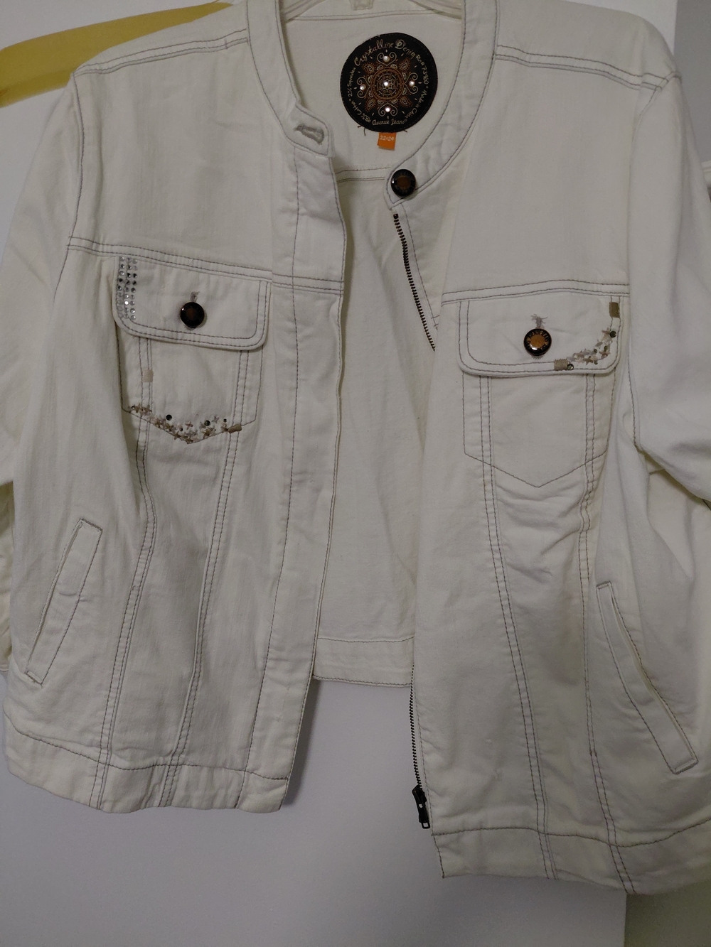 Avenue Cream Jean Jacket with Beaded Pocket Detail